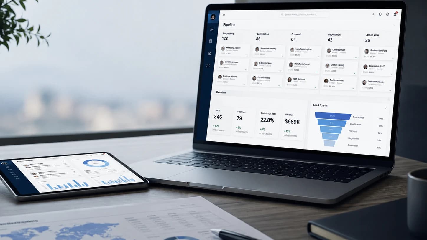 CRM pipeline and sales operations dashboard for lead management and business follow-up.