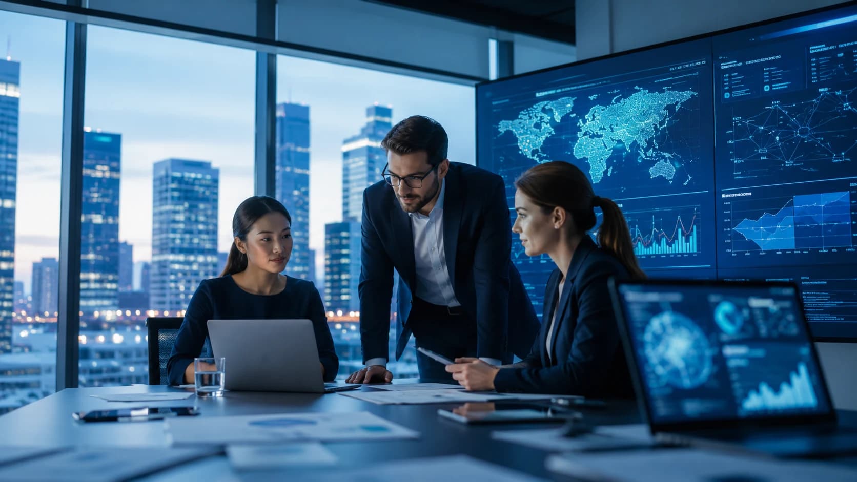 Technology and software industry research team reviewing digital market intelligence dashboards.