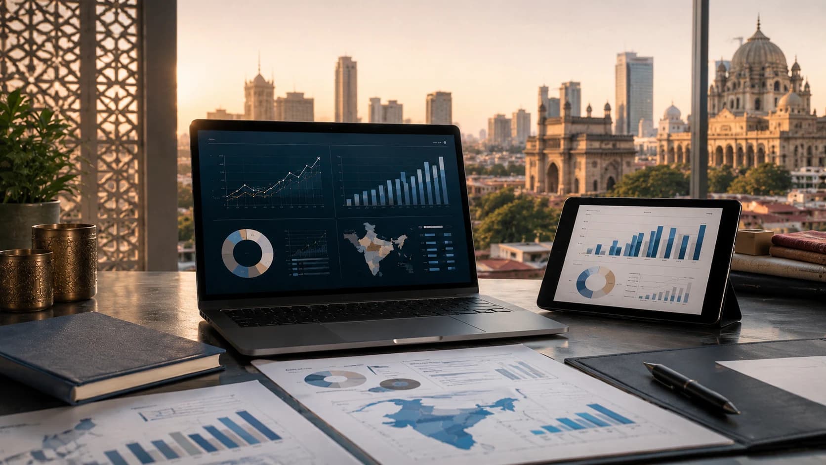 India MSME digital enablement visual with marketplace, CRM, analytics and export-readiness planning.