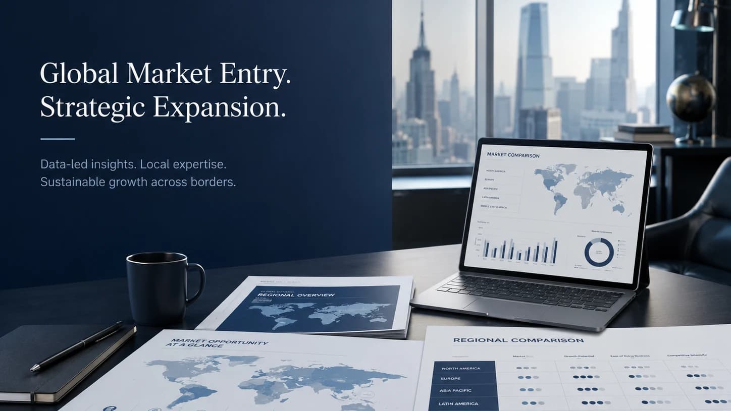 Global market entry and regional comparison workspace with international market opportunity analysis.