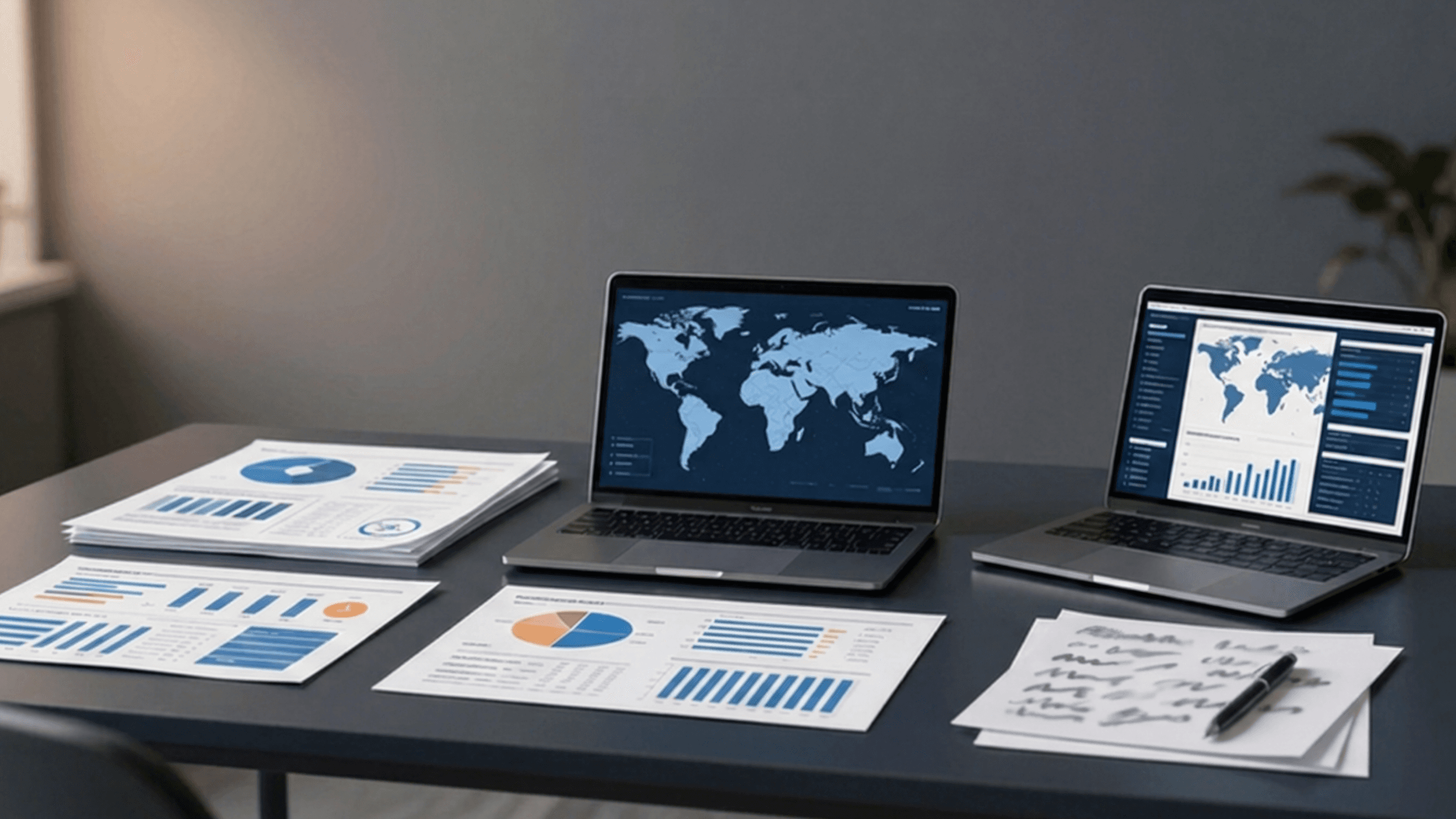 Market research workspace with business reports, charts and global market analysis.