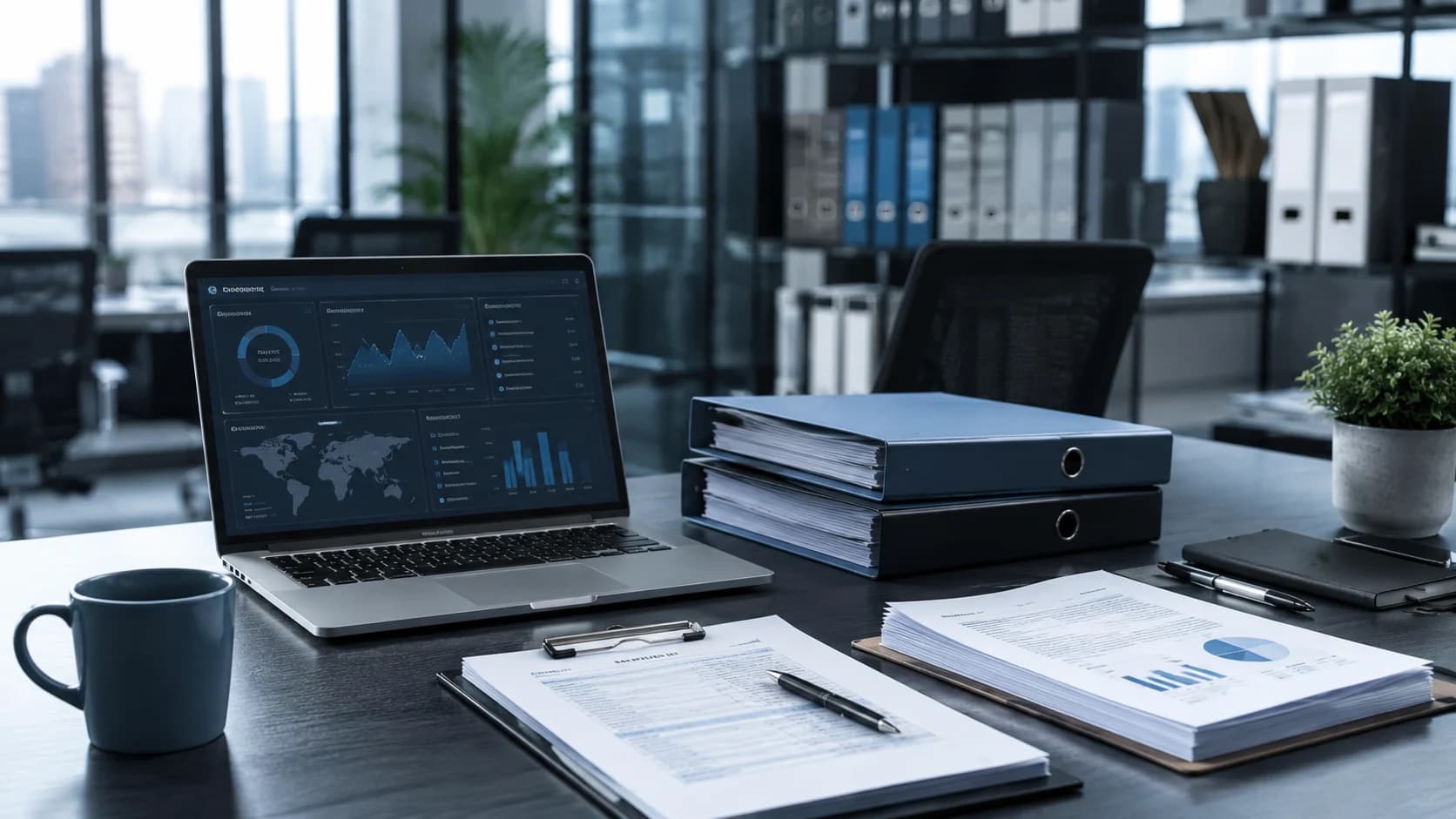 Risk assessment and due diligence workspace with business documents, binders and analytics.