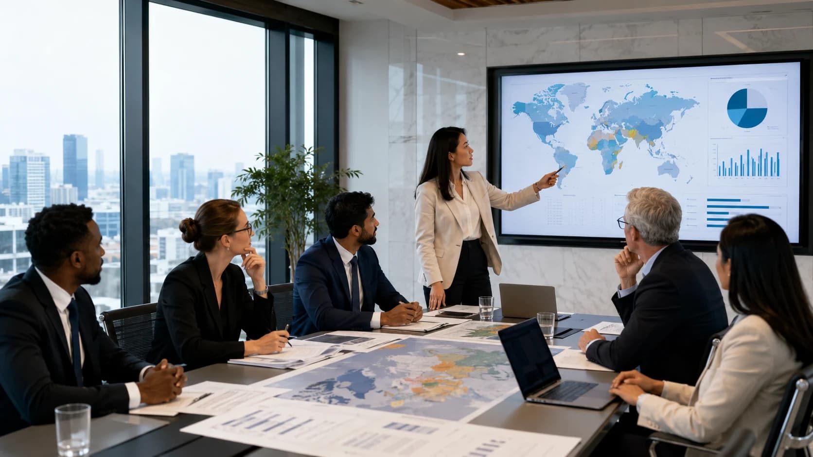 Strategy and market entry planning session with executives reviewing global market maps and business data.