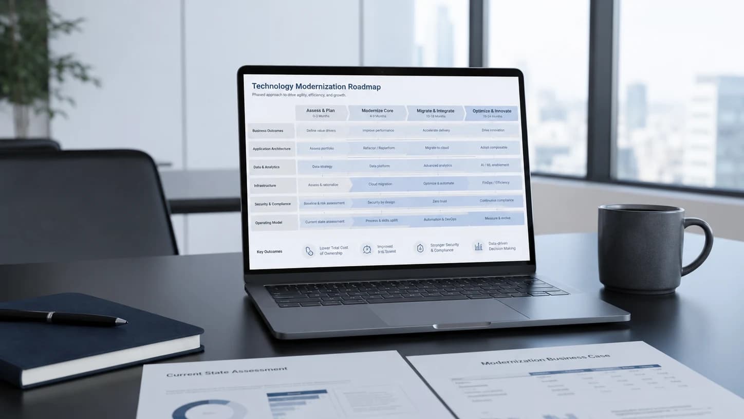 Technology modernization roadmap workspace with digital transformation planning and business case materials.