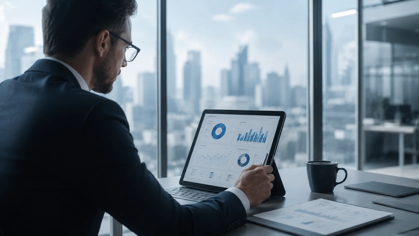 Professional analyst reviewing business intelligence dashboards in a modern office.